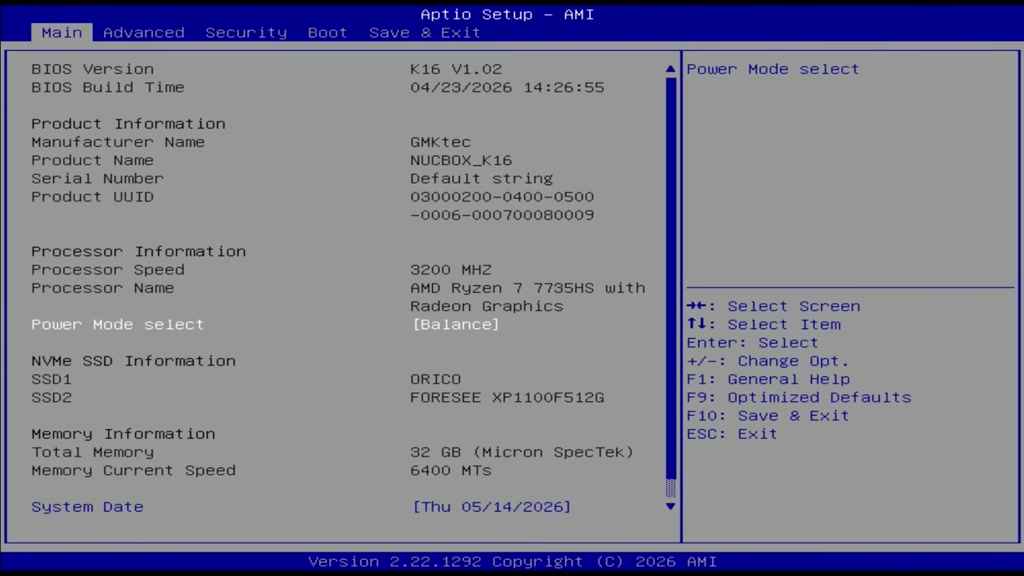 GMKtec K16 BIOS and setup screen from our video