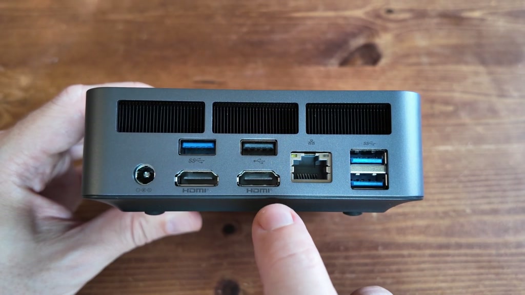 Rear ports of the GMKtec K17 including USB, Ethernet and dual HDMI