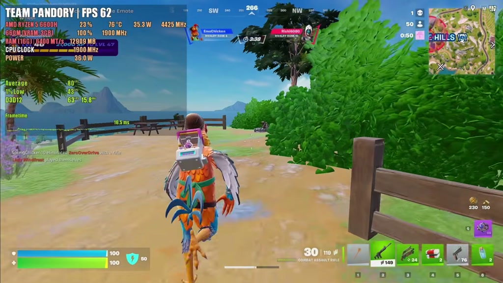 Fortnite gameplay running on the Getorli GT103 mini PC
