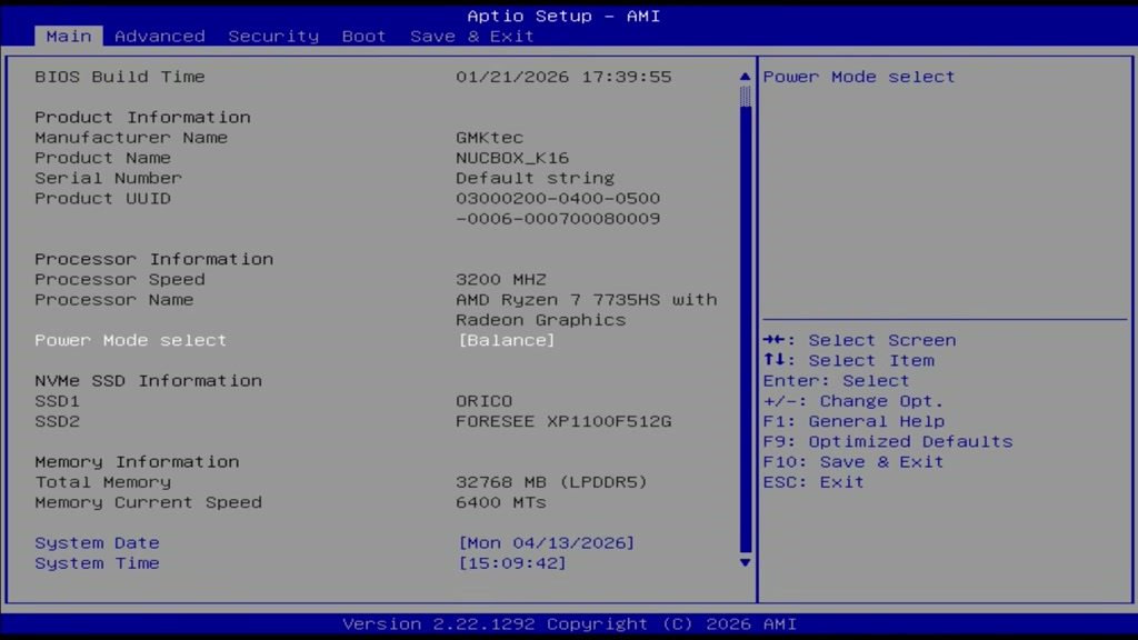GMKtec K16 BIOS screen showing power mode and fan options