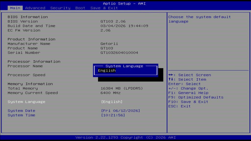 Getorli GT103 BIOS screen with power mode and settings options