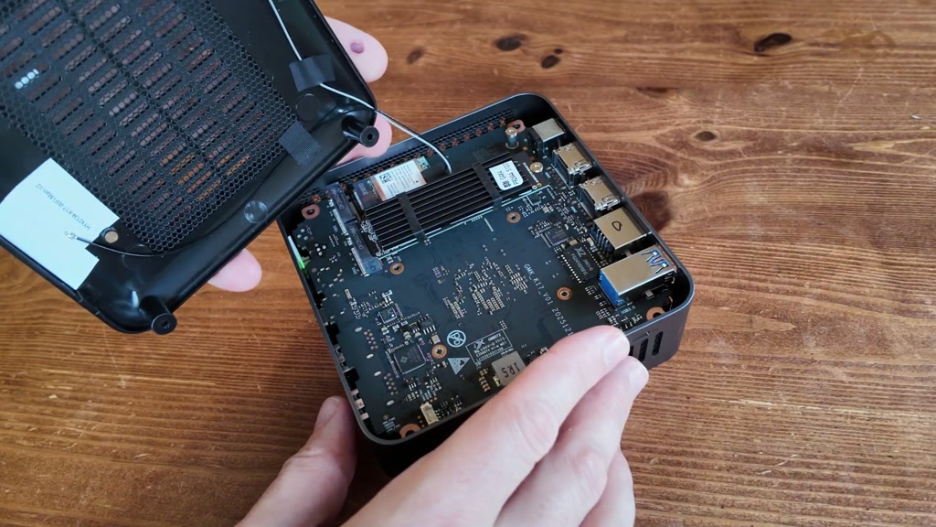 Inside the GMKtec K17 showing its two M.2 storage slots and Wi-Fi module